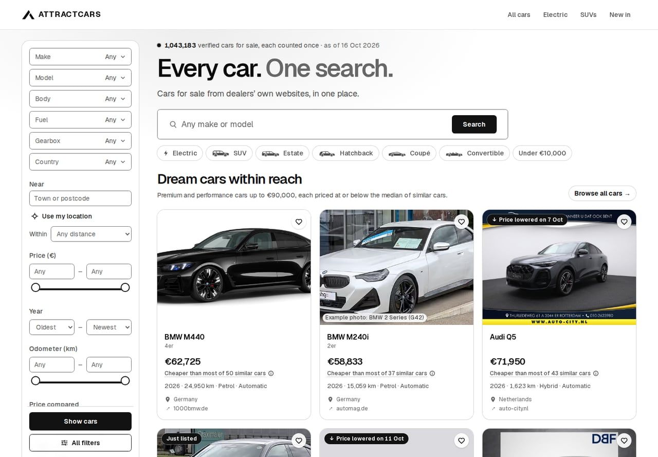 AttractCars sökfilter och bilannonser