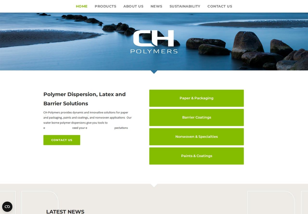 The CH-Polymers website with its coastal landscape and company branding