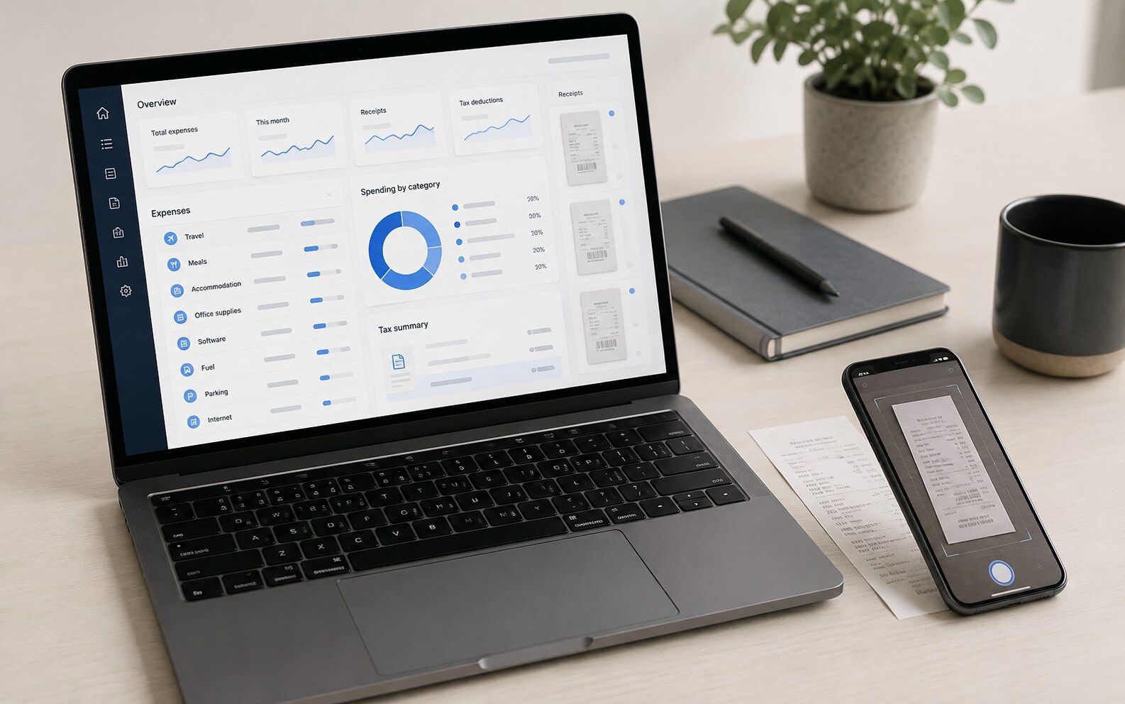 Expense-management dashboard beside a phone scanning a paper receipt