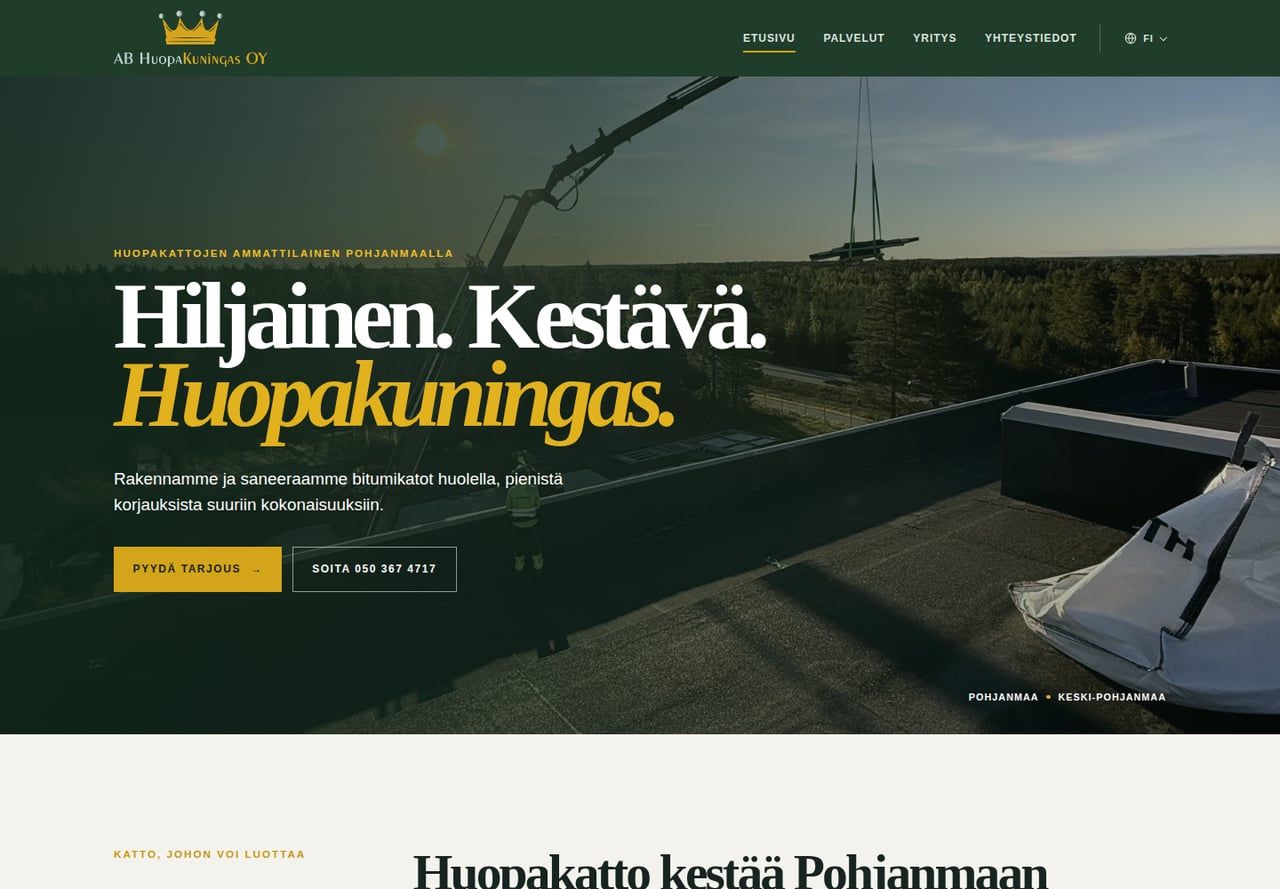 The Huopakuningas website presenting its roofing services