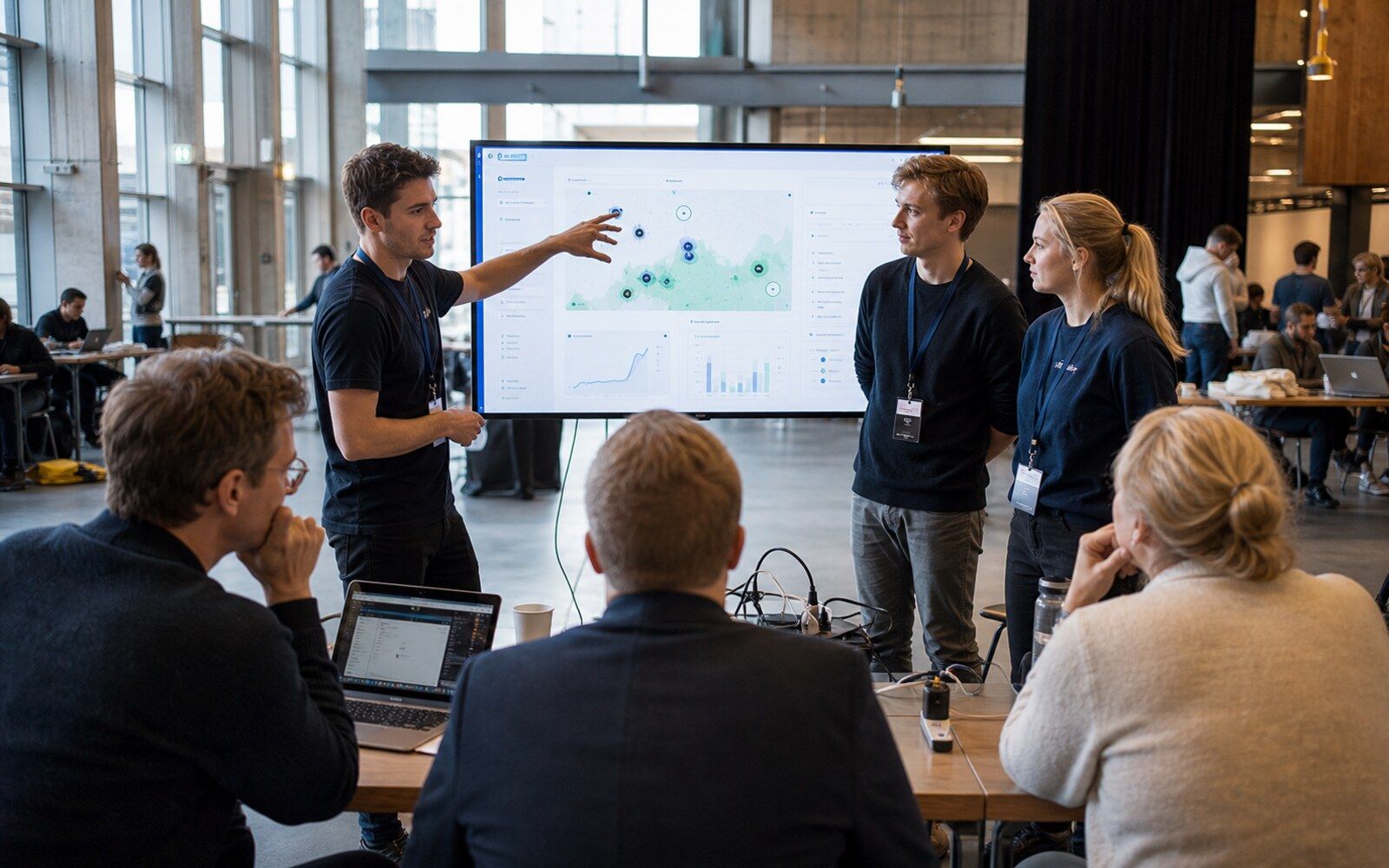 A hackathon team presenting an AI prototype to three reviewers