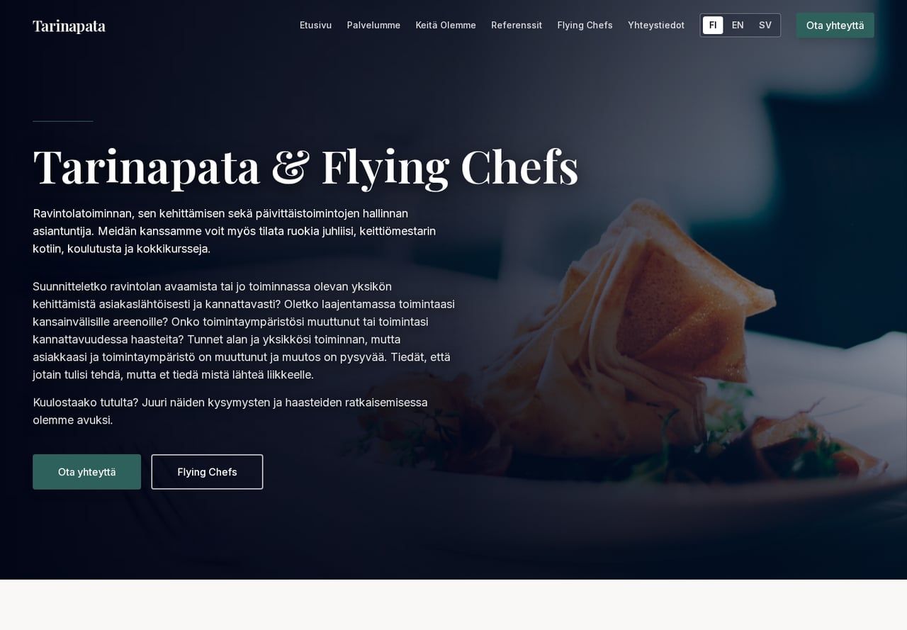 The Tarinapata and Flying Chefs website with a restaurant dish in the background