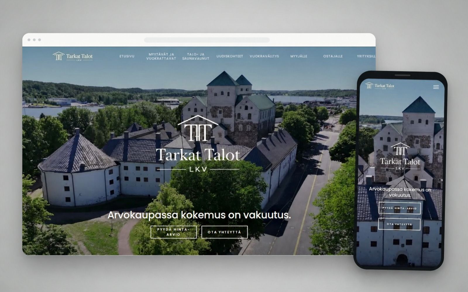 The Tarkat Talot LKV website shown on desktop and mobile against a clean background